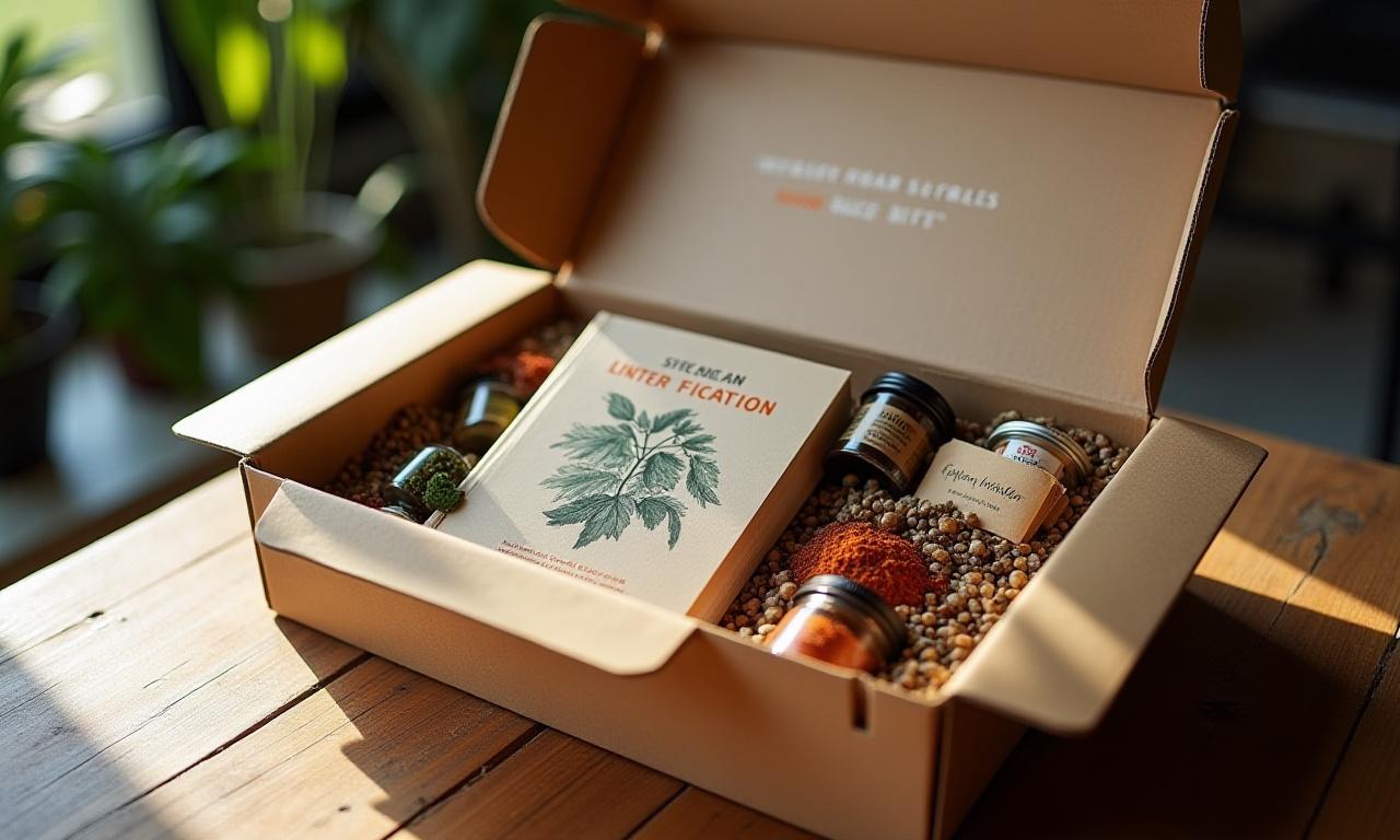Geöffnete SpiceLeaf Press Abo-Box mit Kräutern, Gewürzen und Büchern arrangiert