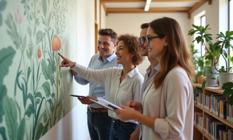 Ein lächelndes, diverses Team von Fachleuten bei SpiceLeaf Press in einer hellen, modernen Bibliothek, diskutiert über Kräuterbücher