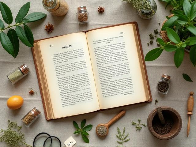 Ein offenes Buch mit getrockneten Kräutern und Gewürzen, symbolisiert Wissensvermittlung und botanische Forschung